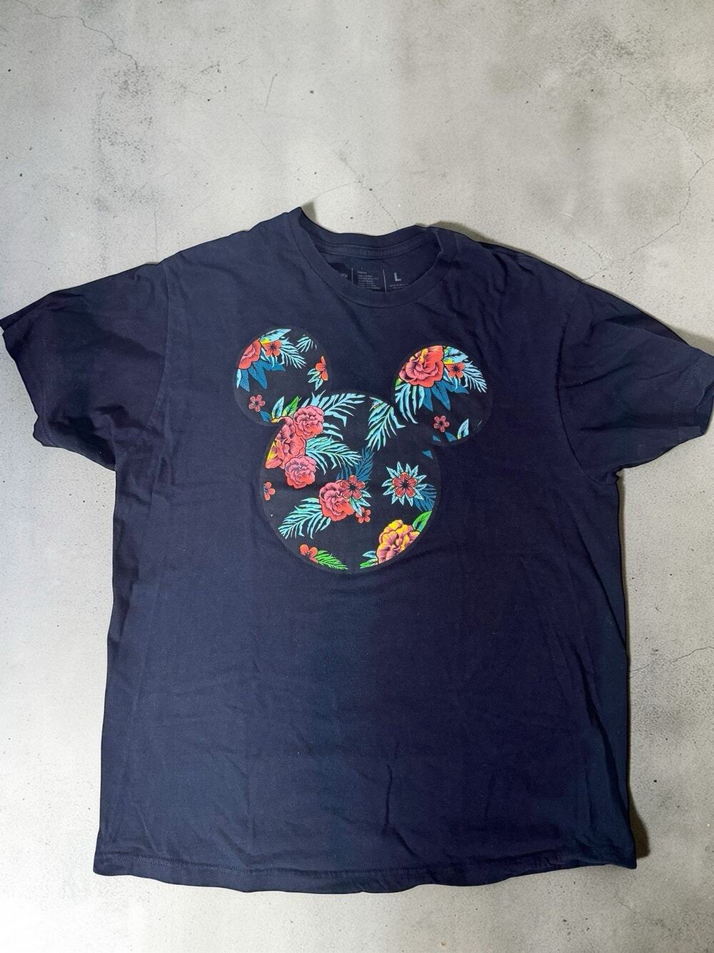Mickey Mouse Hawaiian Floral Disney Neff Tropical Print Black T Shirt Sz Large